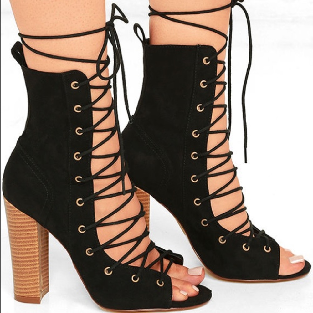 LuLus Sierra Black Lace Up Heel Booties NWT